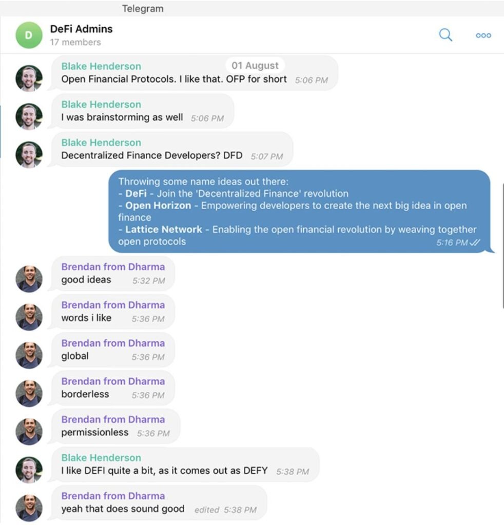 El chat de Telegram en el que se bautizó a DeFi